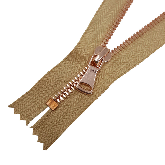 Glossy 5MM or 8MM One-Way Non-Separating Closed Bottom Zipper, Beige/Rose Gold | 5 Inch to 27 Inch Length