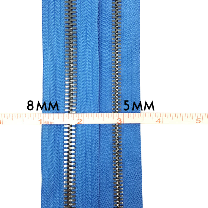 Glossy Jacket Zipper Set in 5MM or 8MM Metal Teeth, One 18" to 28" Open Bottom and Two 7" Pocket Closed Bottom Zippers, Royal Blue/Gun Metal