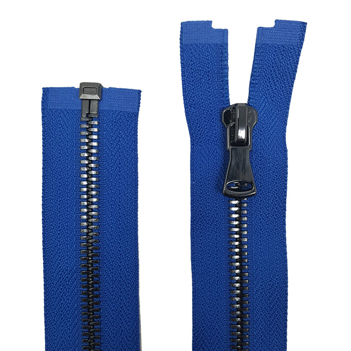 Glossy Jacket Zipper Set in 5MM or 8MM Metal Teeth, One 18" to 28" Open Bottom and Two 7" Pocket Closed Bottom Zippers, Royal Blue/Gun Metal