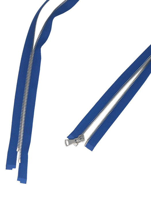 Glossy Jacket Zipper Set in 5MM Metal Teeth, One 18" to 28" Open Bottom and Two 7" Pocket Closed Bottom Zippers, Royal Blue/Nickel