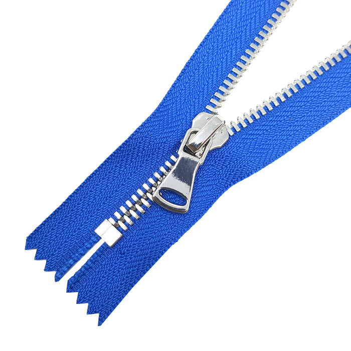 Glossy Jacket Zipper Set in 5MM Metal Teeth, One 18" to 28" Open Bottom and Two 7" Pocket Closed Bottom Zippers, Royal Blue/Nickel