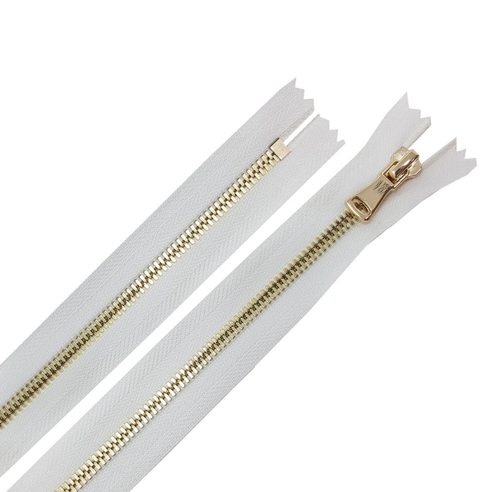 Glossy 5MM or 8MM One-Way Non-Separating Closed Bottom Zipper, White/Brass | 5 Inch to 27 Inch Length