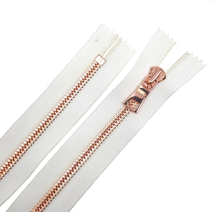 Glossy 5MM or 8MM One-Way Non-Separating Closed Bottom Zipper, White/Rose Gold | 5 Inch to 27 Inch Length