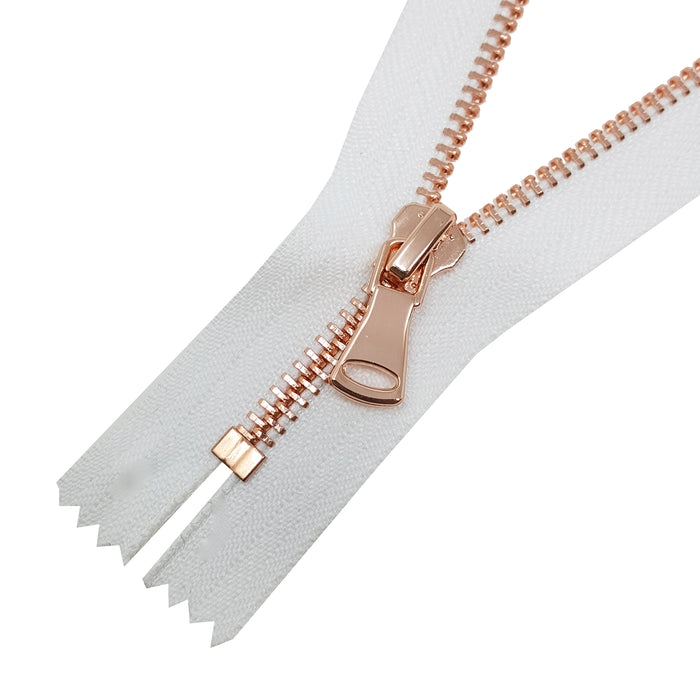 Glossy 5MM or 8MM One-Way Non-Separating Closed Bottom Zipper, White/Rose Gold | 5 Inch to 27 Inch Length