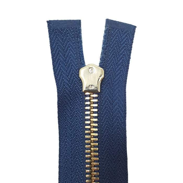 Glossy 5MM or 8MM One-Way Non-Separating Closed Bottom Zipper, Navy/Brass | 5 Inch to 27 Inch Length