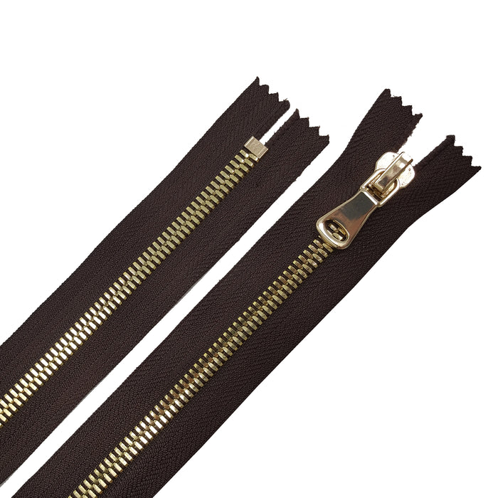 Glossy 8MM One-Way Non-Separating Closed Bottom Zipper, Brown/Brass Gold | 5 Inch to 27 Inch Length