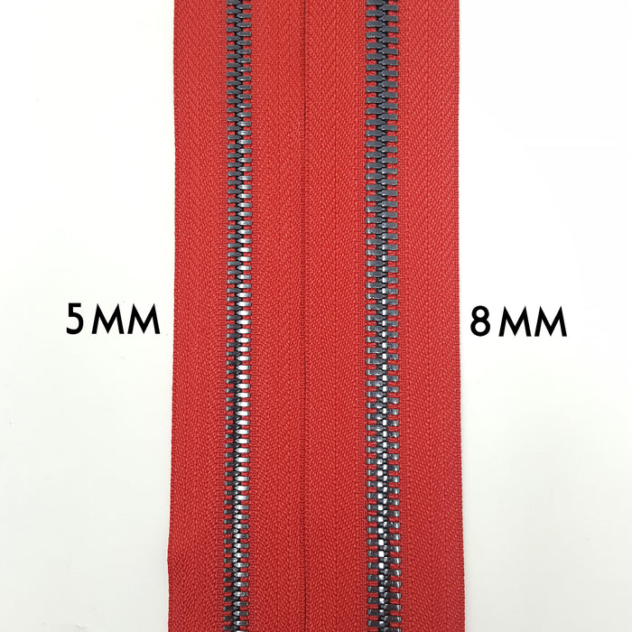 Glossy 5MM or 8MM Two-Way Separating Open Bottom Zipper, Red/Gun Metal | 4 Inch to 36 Inch