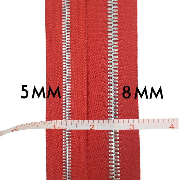Glossy 5MM or 8MM Two-Way Separating Open Bottom Zipper, Red/Nickel | 11.5 Inch to 36 Inch
