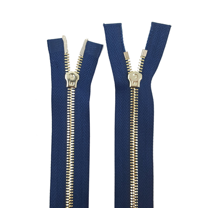 Glossy 5MM or 8MM Two-Way Separating Open Bottom Zipper, Navy/Brass | 11.5 Inch to 36 Inch