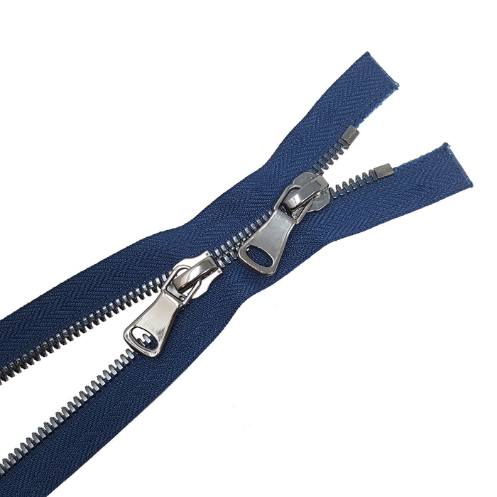 Glossy 5MM or 8MM Two-Way Separating Open Bottom Zipper, Navy/Gun Metal | 11.5 Inch to 36 Inch