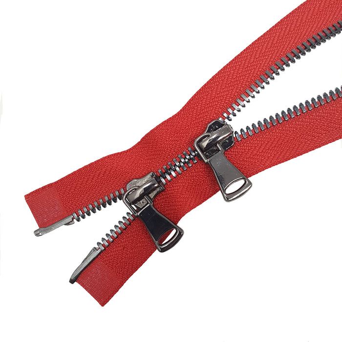 Glossy 5MM or 8MM Two-Way Separating Open Bottom Zipper, Red/Gun Metal | 4 Inch to 36 Inch