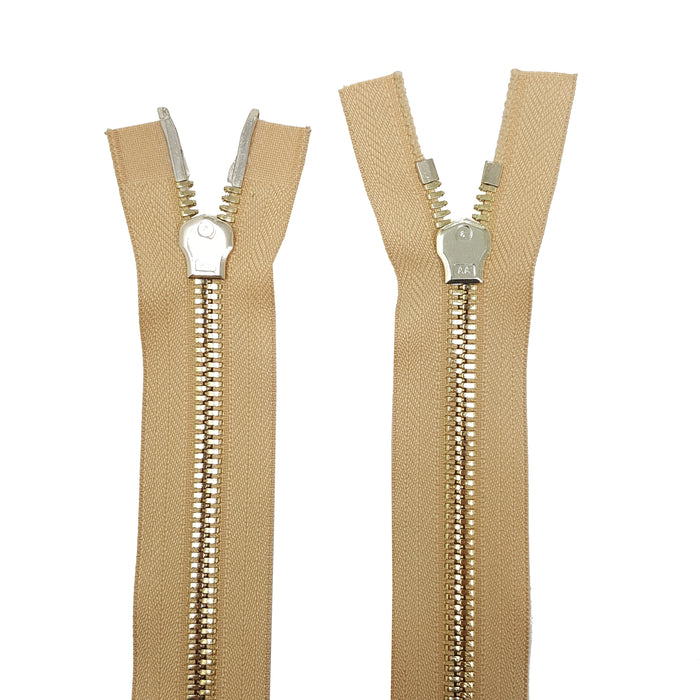 Glossy 8MM Two-Way Separating Open Bottom Zipper, Beige/Brass | 4 Inch to 36 Inch Length