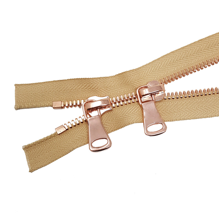 Glossy 8MM Two-Way Separating Open Bottom Zipper, Beige/Rose Gold | 4 Inch to 36 Inch Length