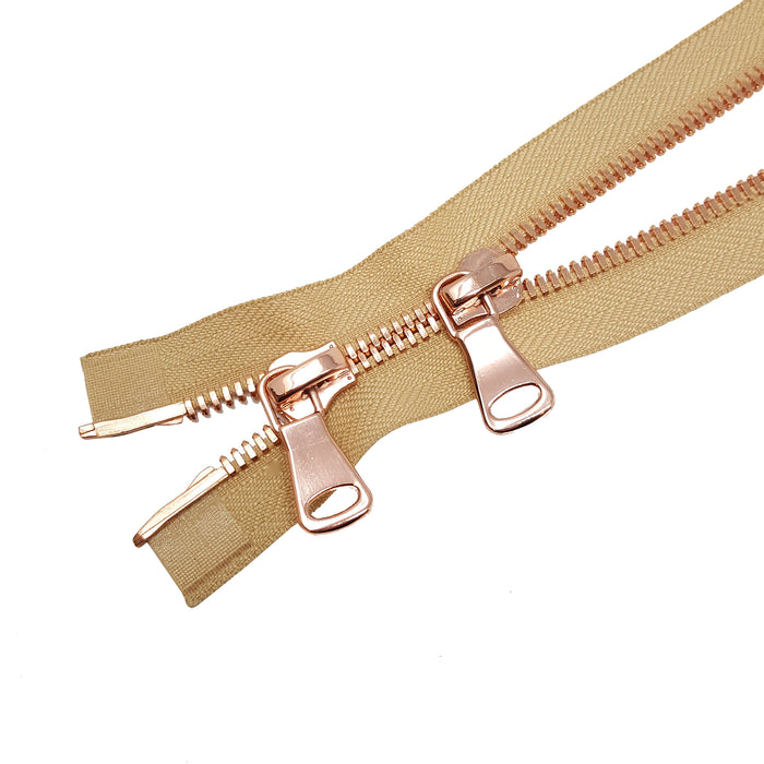 Glossy 8MM Two-Way Separating Open Bottom Zipper, Beige/Rose Gold | 4 Inch to 36 Inch Length