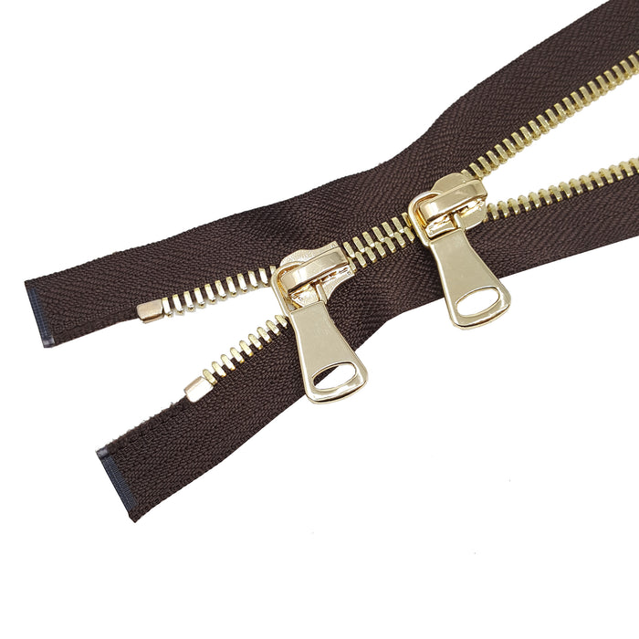 Glossy 8MM Two-Way Separating Open Bottom Zipper, Brown/Brass | 4 Inch to 36 Inch Length