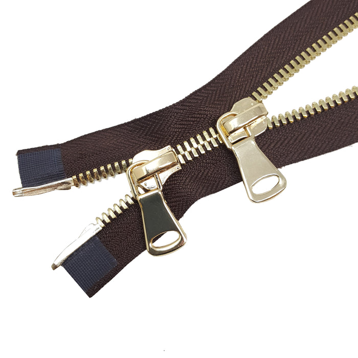 Glossy 8MM Two-Way Separating Open Bottom Zipper, Brown/Brass | 4 Inch to 36 Inch Length