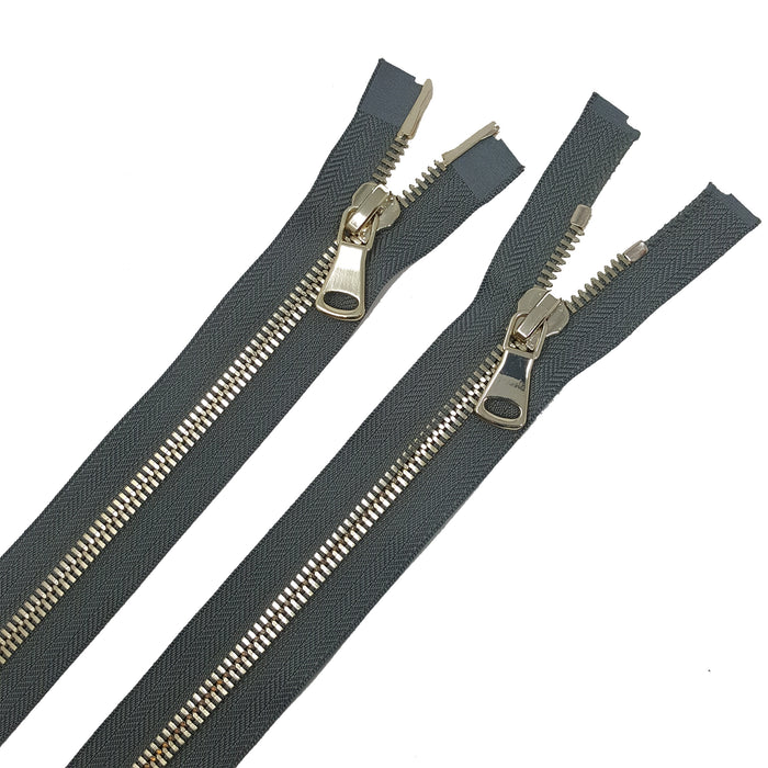Glossy 8MM Two-Way Separating Open Bottom Zipper, Gray/Brass | 4 Inch to 36 Inch