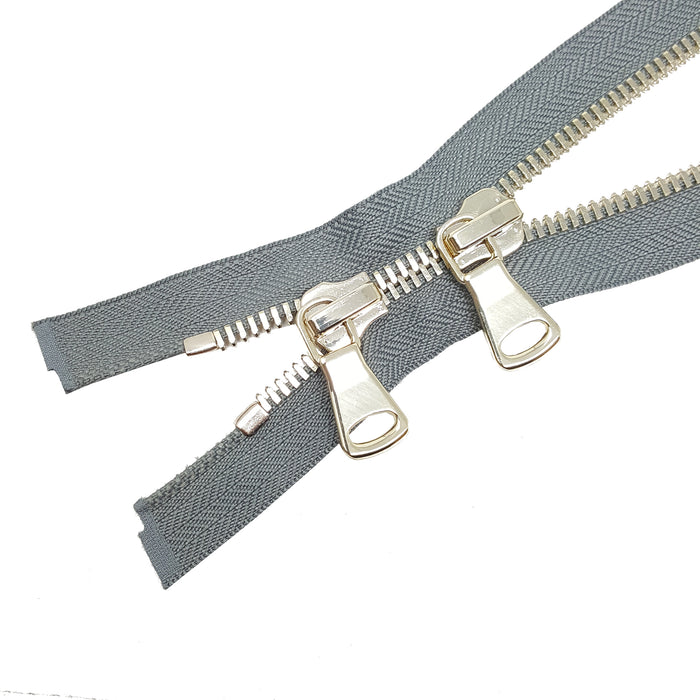 Glossy 8MM Two-Way Separating Open Bottom Zipper, Gray/Brass | 4 Inch to 36 Inch