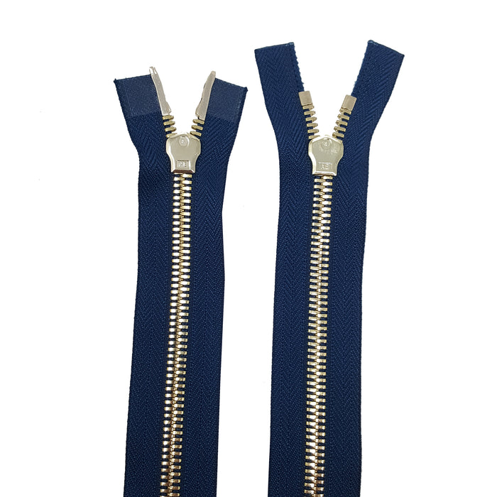 Glossy 5MM or 8MM Two-Way Separating Open Bottom Zipper, Navy/Brass | 11.5 Inch to 36 Inch