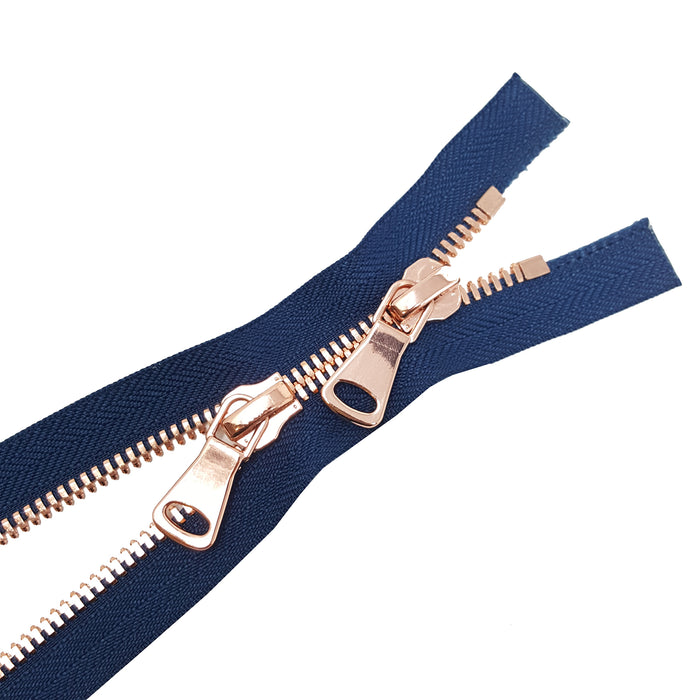Glossy 8MM Two-Way Separating Open Bottom Zipper, Navy/Rose Gold | 4 Inch to 36 Inch Length