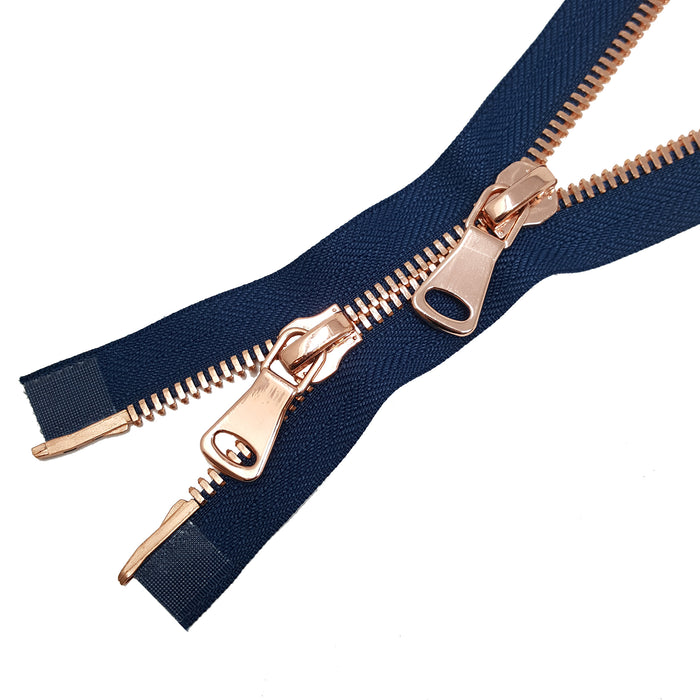 Glossy 8MM Two-Way Separating Open Bottom Zipper, Navy/Rose Gold | 4 Inch to 36 Inch Length