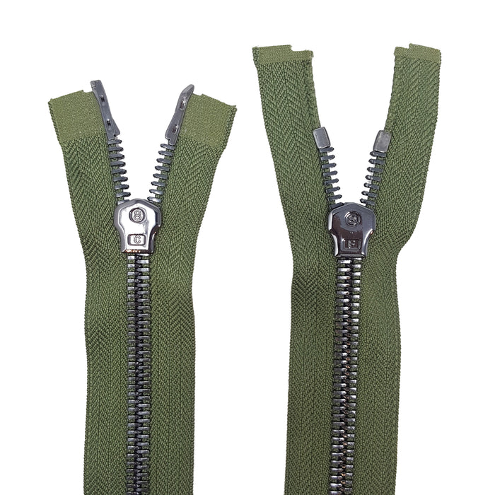 Glossy 8MM Two-Way Separating Open Bottom Zipper, Olive/Gun Metal | 4 Inch to 36 Inch Length