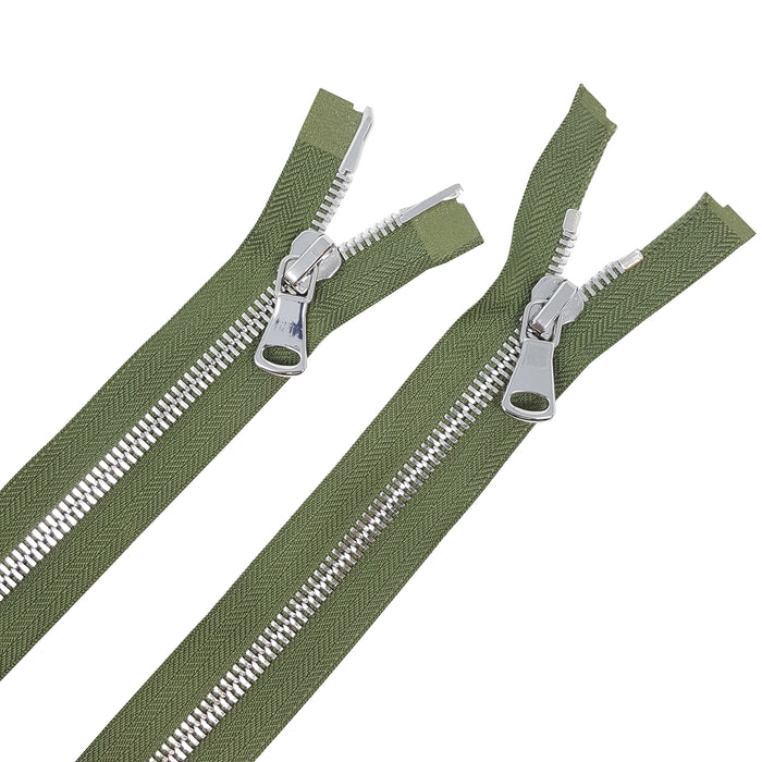 Glossy 8MM Two-Way Separating Open Bottom Zipper, Olive/Nickel | 4 Inch to 36 Inch Length