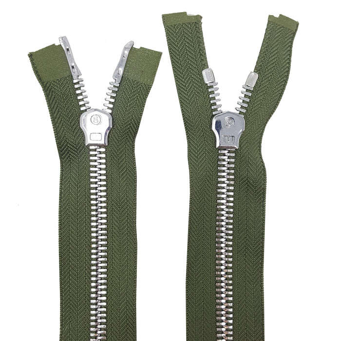 Glossy 8MM Two-Way Separating Open Bottom Zipper, Olive/Nickel | 4 Inch to 36 Inch Length