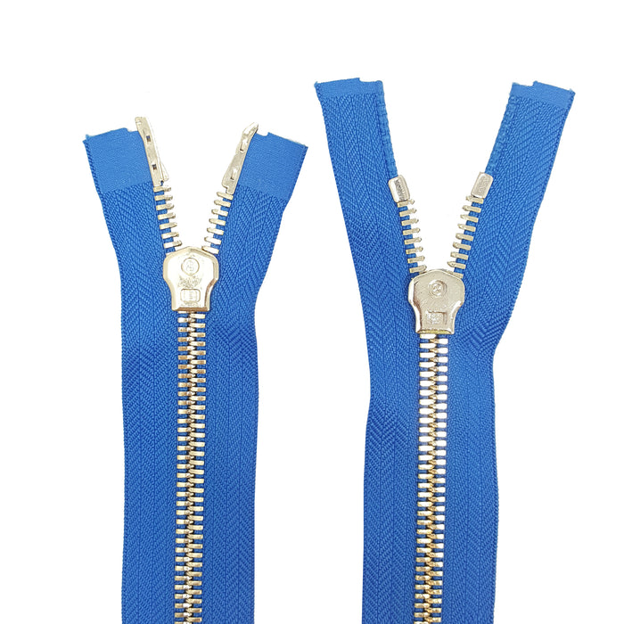Glossy 8MM Two-Way Separating Open Bottom Zipper, Royal/Brass | 4 Inch to 36 Inch Length