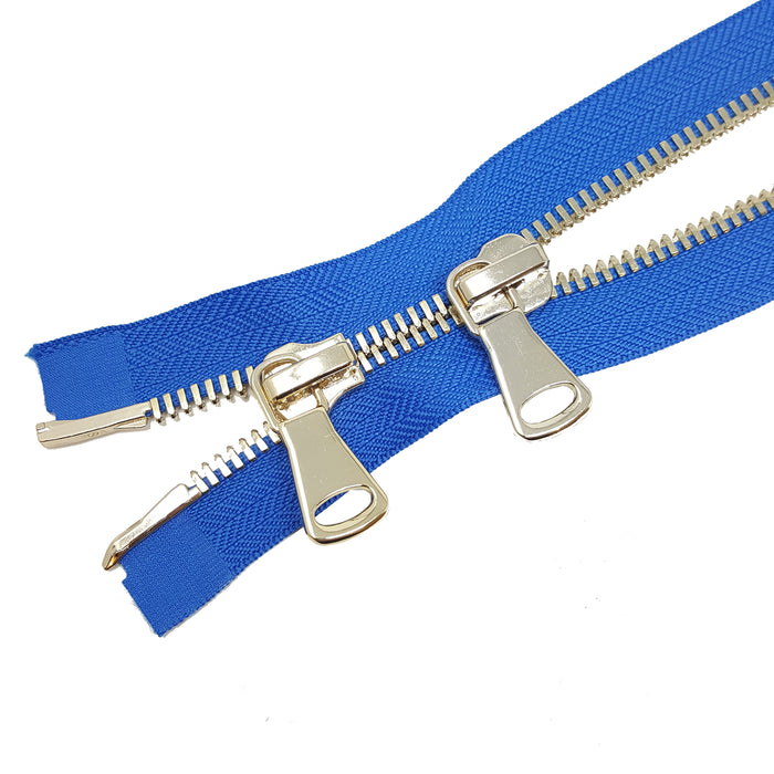Glossy 8MM Two-Way Separating Open Bottom Zipper, Royal/Brass | 4 Inch to 36 Inch Length