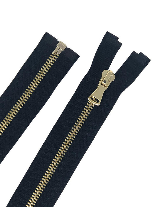 Glossy Jacket Zipper Set in 5MM or 8MM Metal Teeth, One 18" to 28" Open Bottom and Two 7" Pocket Closed Bottom Zippers, Black/Brass