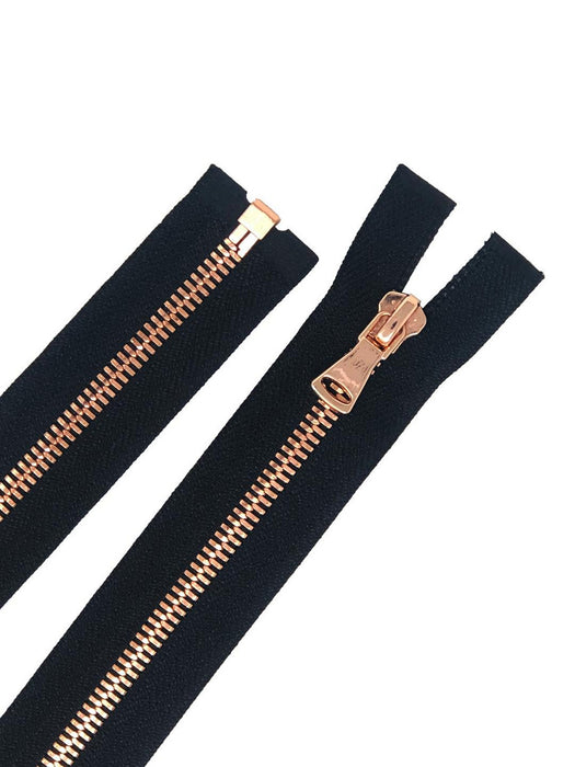 Glossy Jacket Zipper Set in 5MM Metal Teeth, One 18" to 28" Open Bottom and Two 7" Pocket Closed Bottom Zippers, Black/Rose Gold