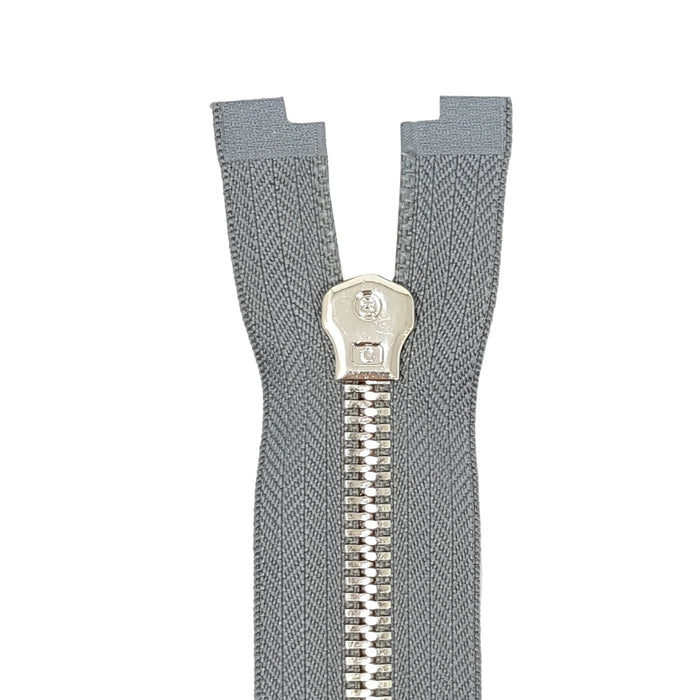 Glossy 8MM One-Way Separating Open Bottom Zipper, Gray/Brass | 4 Inch to 28 Inch Length