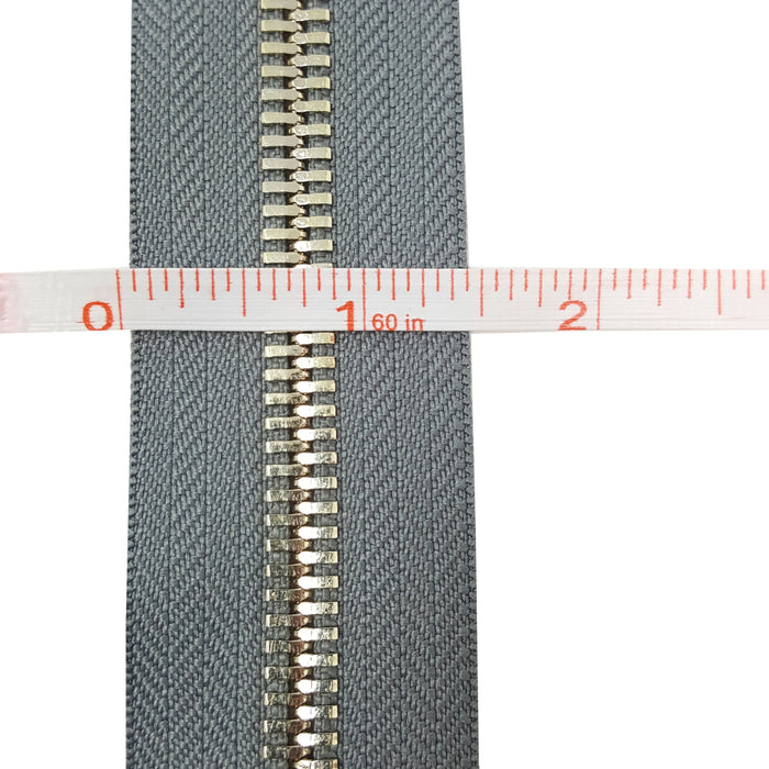 Glossy 8MM One-Way Separating Open Bottom Zipper, Gray/Brass | 4 Inch to 28 Inch Length