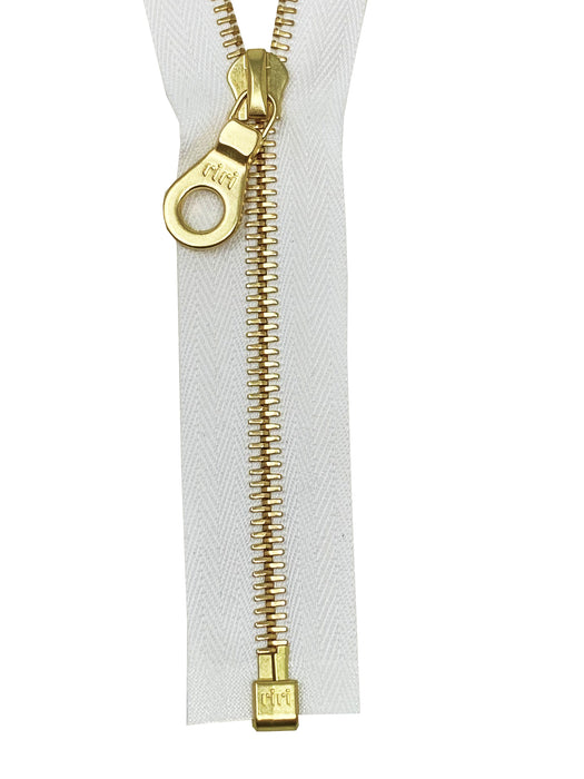 riri 6MM or 8MM Teeth One-Way Separating Open Bottom Zipper with KTA Pull, White/Brass | 10 Inch to 27.5 Inch