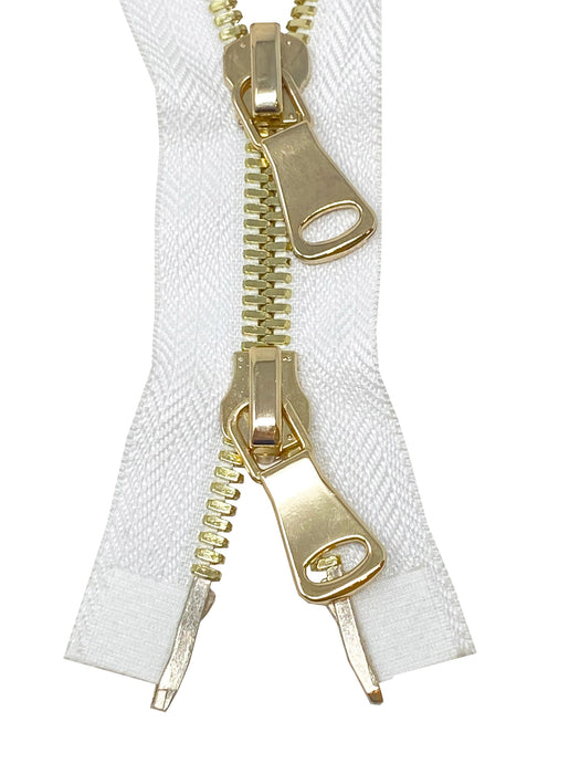 Glossy Metal 5MM or 8MM Teeth Two-Way Separating Open Bottom Zipper, White/Brass | 10 Inch to 28 Inches