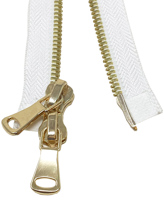 Glossy Metal 5MM or 8MM Teeth Two-Way Separating Open Bottom Zipper, White/Brass | 10 Inch to 28 Inches