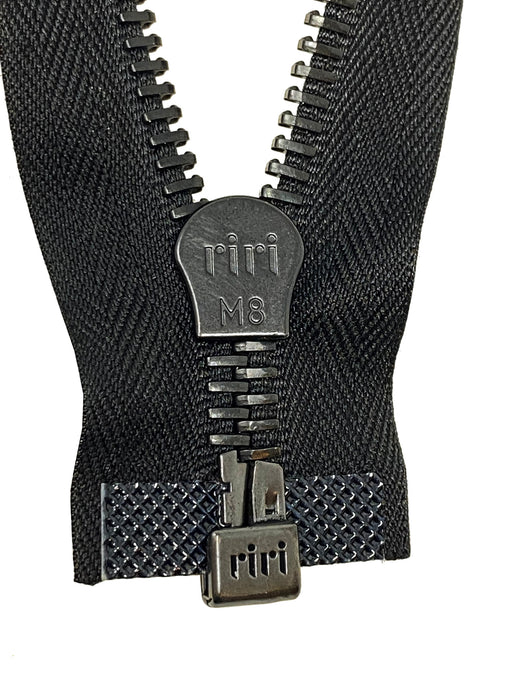 riri 8MM Teeth One-Way Separating Open Bottom Zipper with KTA Pull, Black/Black | 10 Inch to 27.5 Inch