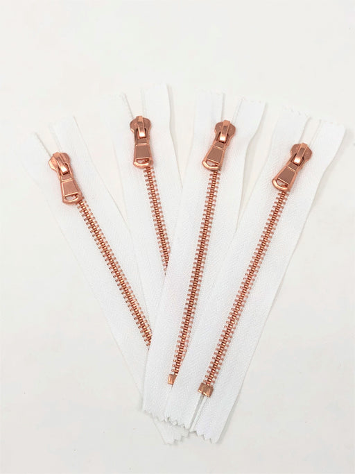 White Glossy Pocket Zipper Rose Gold Teeth 5MM in 5.5 inches Closed Non Separating - ZipUpZipper