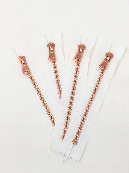 Wholesale White Glossy Pocket Zipper Rose Gold Teeth 5MM or 8MM Closed Non Separating - ZipUpZipper