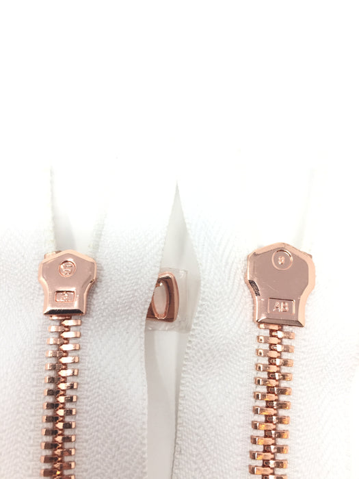 Wholesale White Glossy One-Way Jacket Zipper 5MM OR 8MM Rose Gold Teeth Separating - Choose Length - - ZipUpZipper