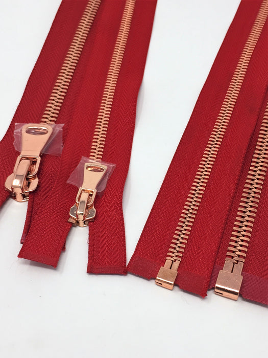 Wholesale Red Glossy One-Way Jacket Zipper 5MM OR 8MM Rose Gold Teeth Separating - Choose Length - - ZipUpZipper