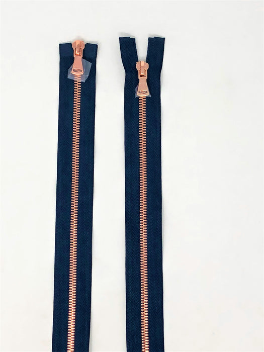 Wholesale Navy Glossy Rose Gold Two-Way Separating Zipper in 5MM Open Bottom - Choose Length - - ZipUpZipper