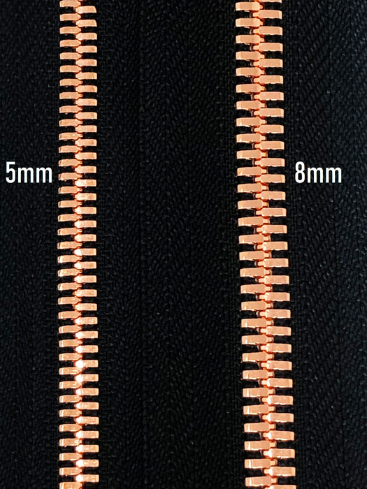 Black Metal Glossy Jacket Separating Zipper Black Tape Rose Gold Copper Teeth Size 5mm or 8mm - Choose Length-