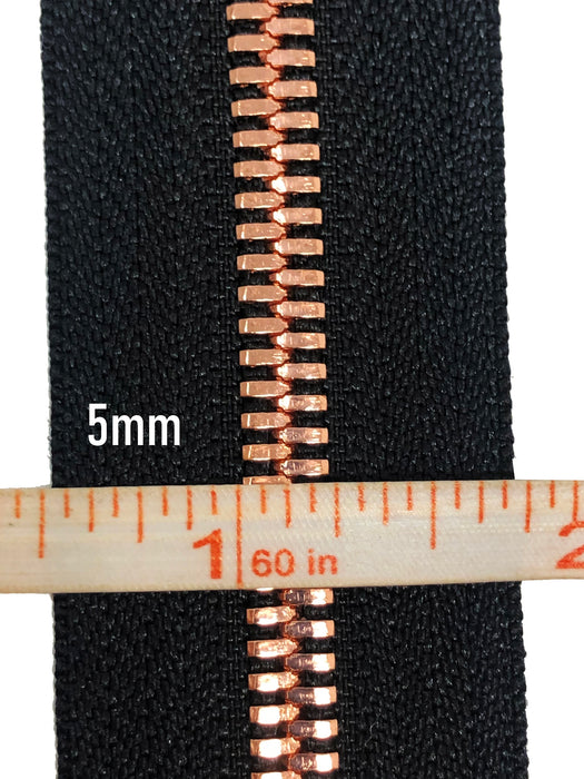 Black Metal Glossy Jacket Separating Zipper Black Tape Rose Gold Copper Teeth Size 5mm or 8mm - Choose Length-
