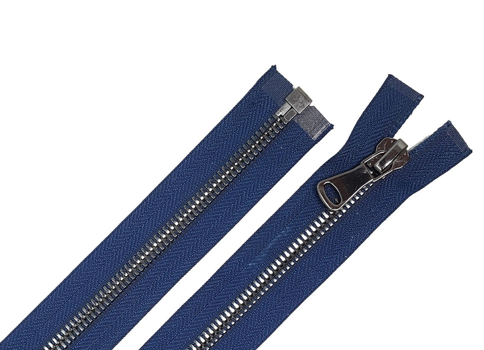 Glossy 5MM or 8MM One-Way Separating Open Bottom Zipper, Navy Blue/Gun Metal | 4 Inch to 28 Inch Length
