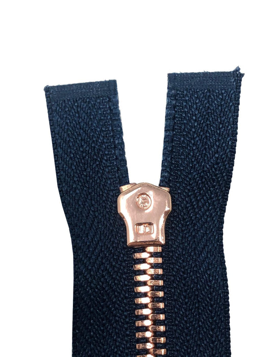 Glossy 5MM One-Way Separating Open Bottom Zipper, Navy/Rose Gold | 4 Inch to 28 Inch Length