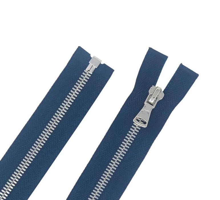 Glossy 5MM One-Way Separating Open Bottom Zipper, Navy/Silver | 4 Inch to 28 Inch Length