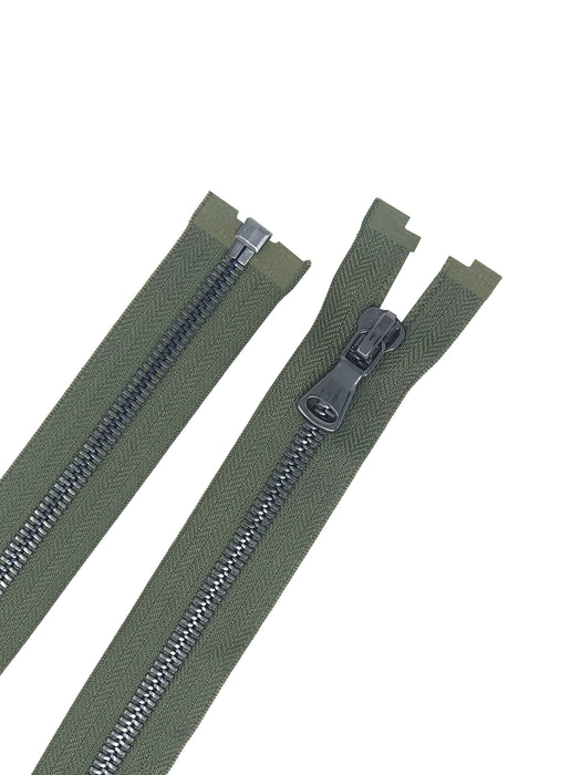 Glossy 8MM One-Way Separating Open Bottom Zipper, Olive Green/Gun Metal | 4 Inch to 28 Inch Length