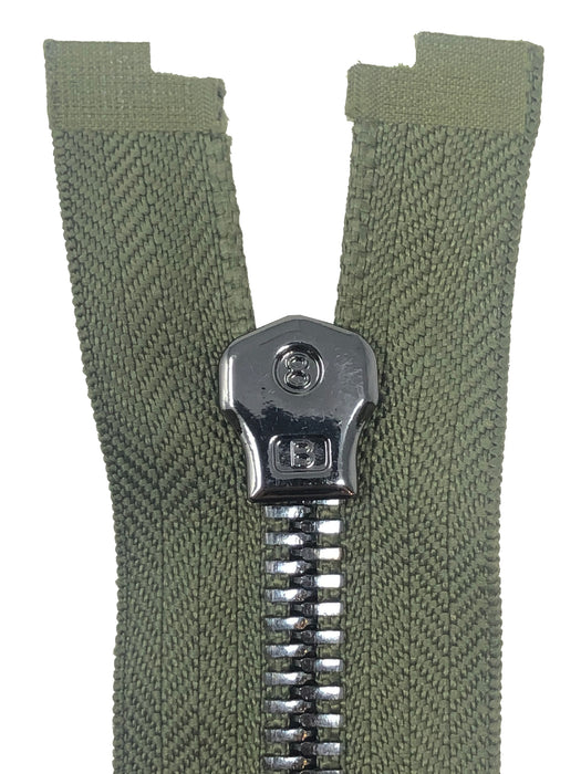 Glossy 8MM One-Way Separating Open Bottom Zipper, Olive Green/Gun Metal | 4 Inch to 28 Inch Length